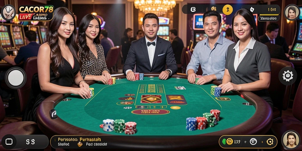 Tangkapan layar gameplay CACOR78 menampilkan dealer live dan suasana kasino yang seru.