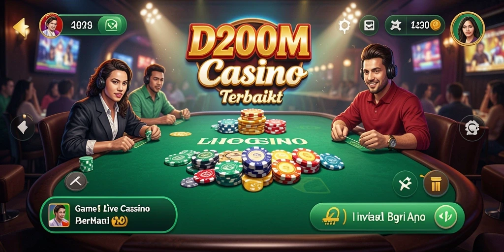 Tampilan screenshot D200M menampilkan dealer langsung dan permainan kasino yang mendebarkan.