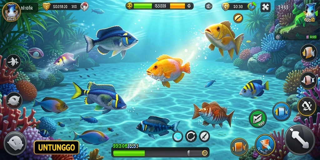 Screenshot gameplay UNTUNGGO dengan ikan yang berwarna-warni dan seru.